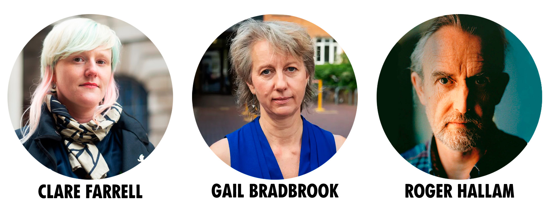 Portretten van drie mede-oprichters van Extinction Rebellion: Clare Farrell met een groene jas en geblokte sjaal kijkt recht de camera in, Gail Bradbrook met een paarse bloes kijkt recht de camera in, Roger Hallam met een geblokt shirt en één helft van het gezicht in de schaduw kijkt ook de camera in.